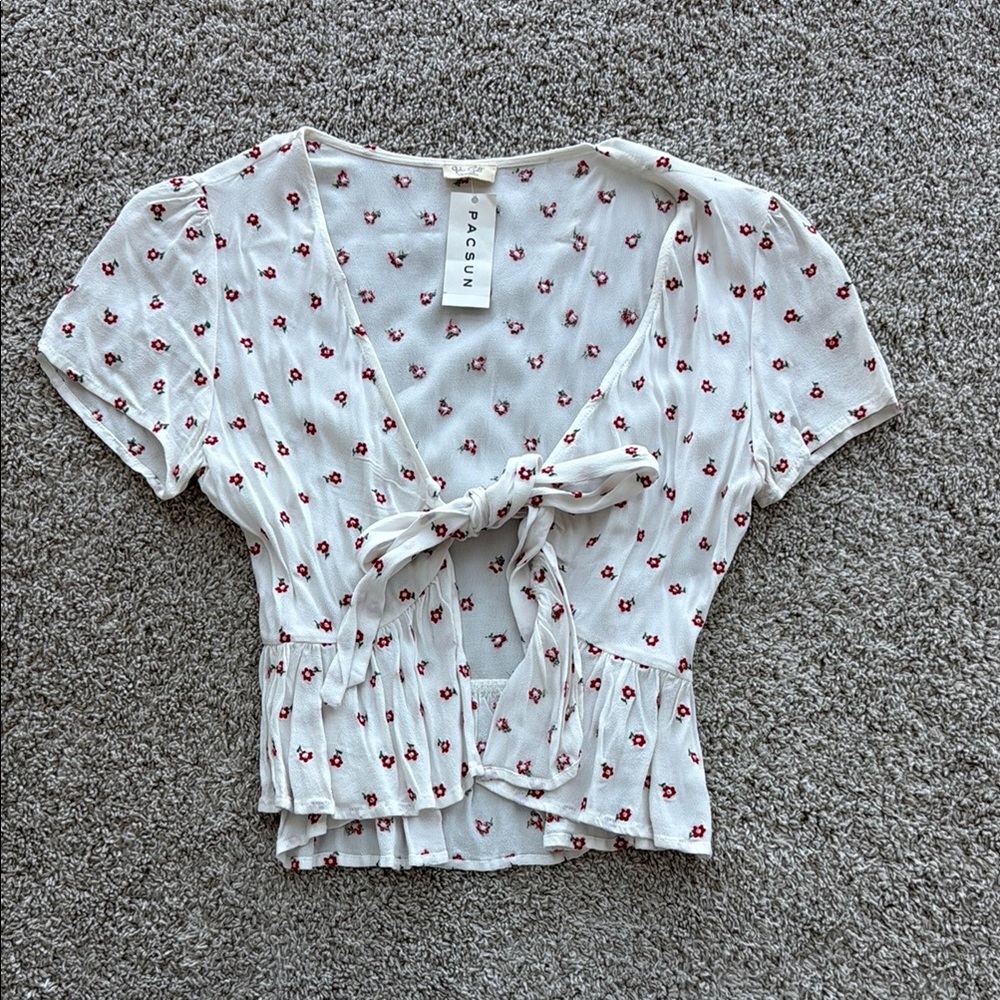 PacSun Cream Floral Tie-Front Blouse